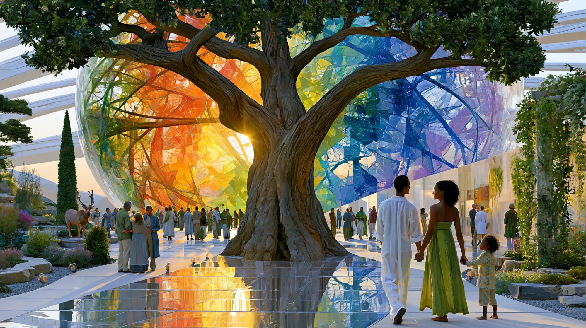 Personas de distintas generaciones pasean entre jardines y un gran árbol ante una esfera de vidrio multicolor.